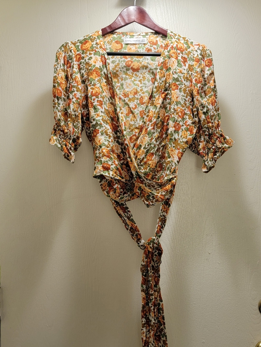 Faithfull the Brand Orange Green Floral Wrap Top